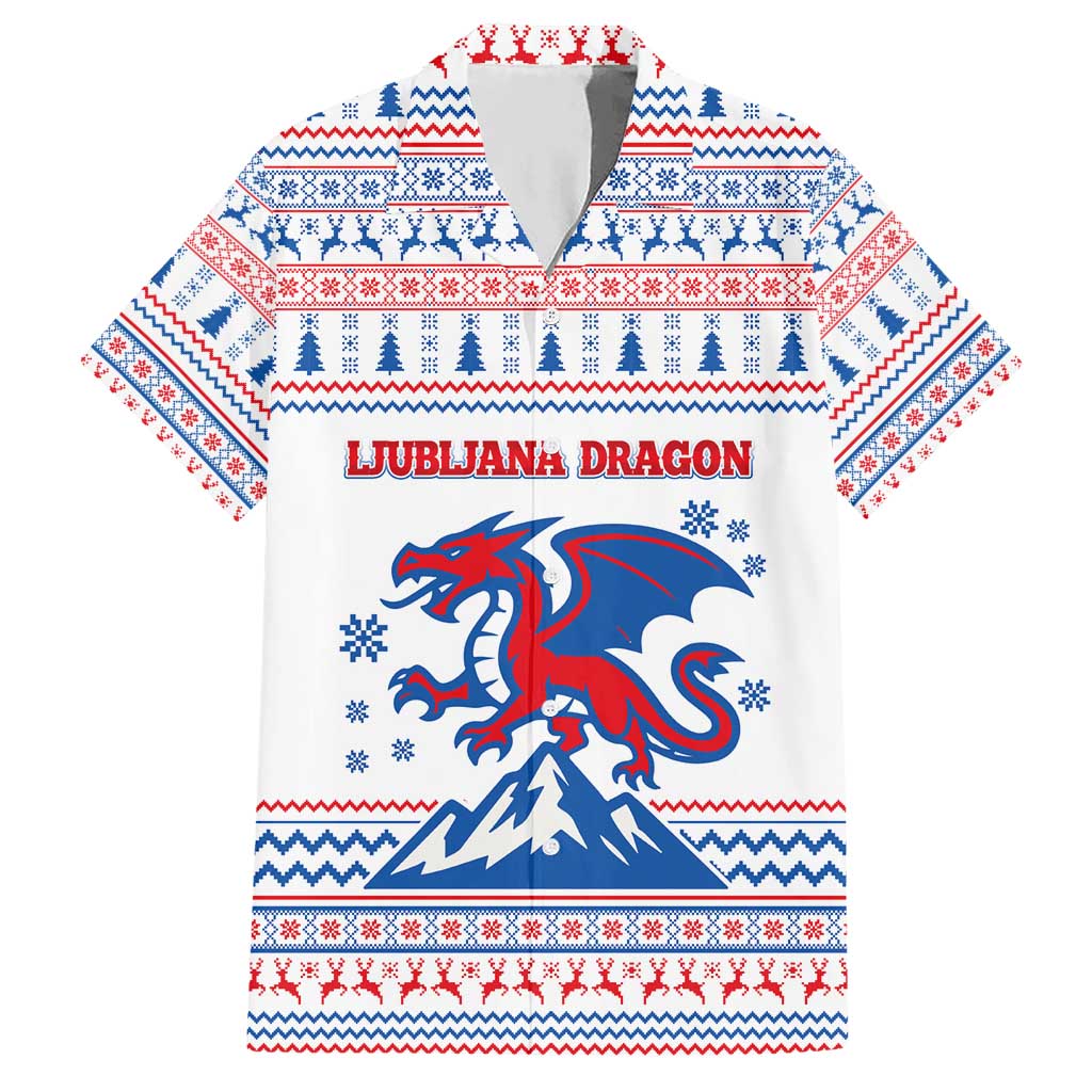 Slovenian Winter Hawaiian Shirt Ljubljana Dragon with Nordic Snowflakes and Alpine Vibes