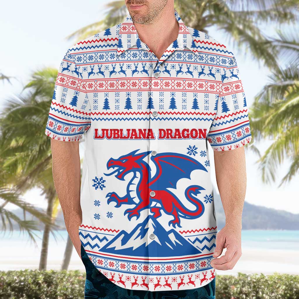 Slovenian Winter Hawaiian Shirt Ljubljana Dragon with Nordic Snowflakes and Alpine Vibes