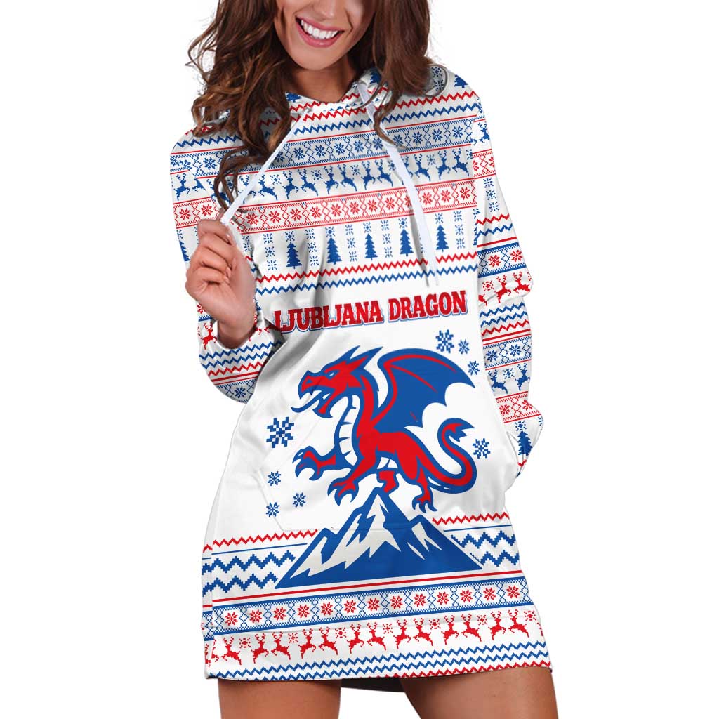 Slovenian Winter Hoodie Dress Ljubljana Dragon with Nordic Snowflakes and Alpine Vibes