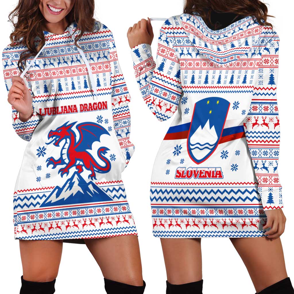 Slovenian Winter Hoodie Dress Ljubljana Dragon with Nordic Snowflakes and Alpine Vibes