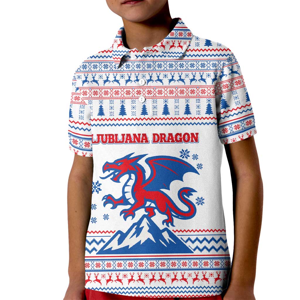 Slovenian Winter Kid Polo Shirt Ljubljana Dragon with Nordic Snowflakes and Alpine Vibes