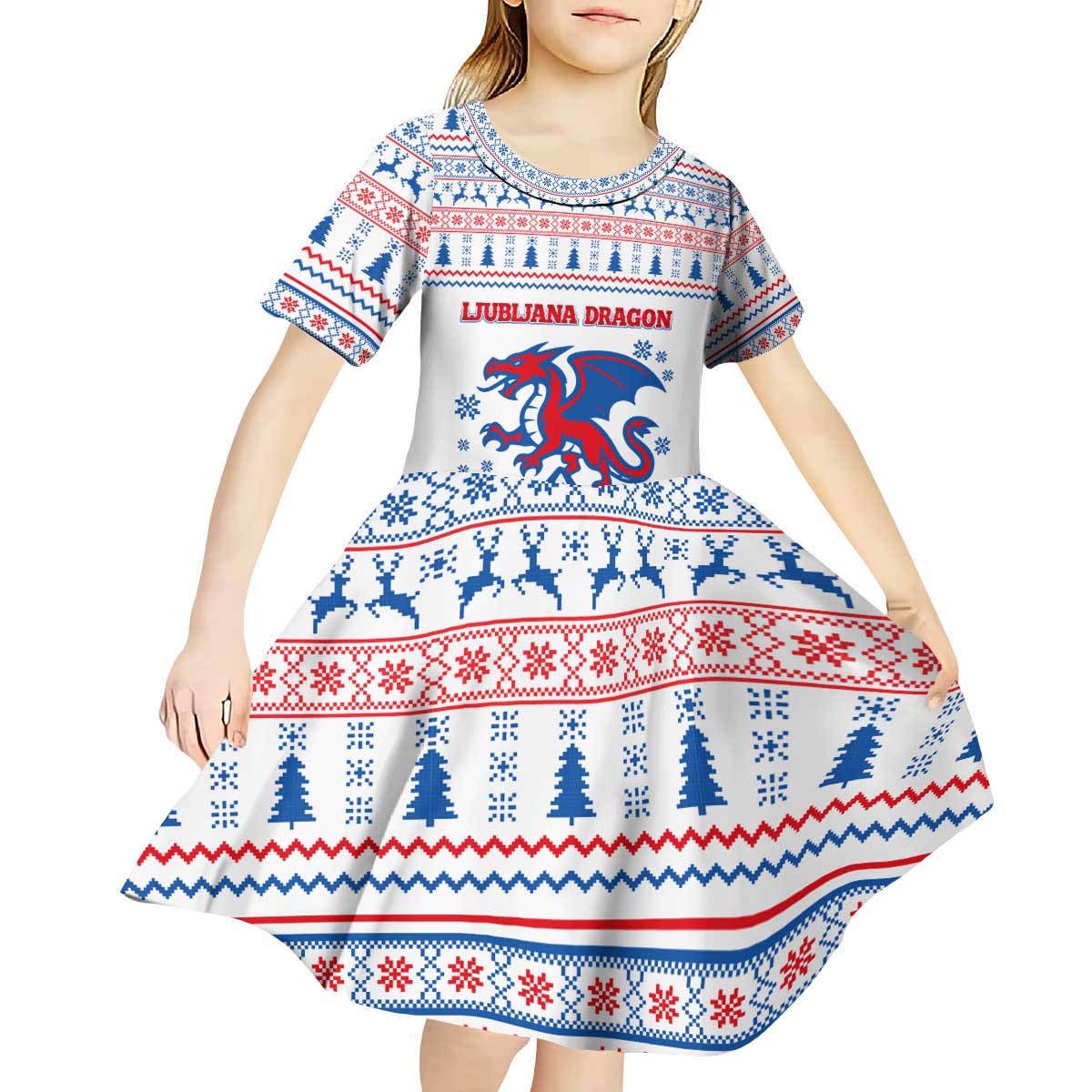 Slovenian Winter Kid Short Sleeve Dress Ljubljana Dragon with Nordic Snowflakes and Alpine Vibes