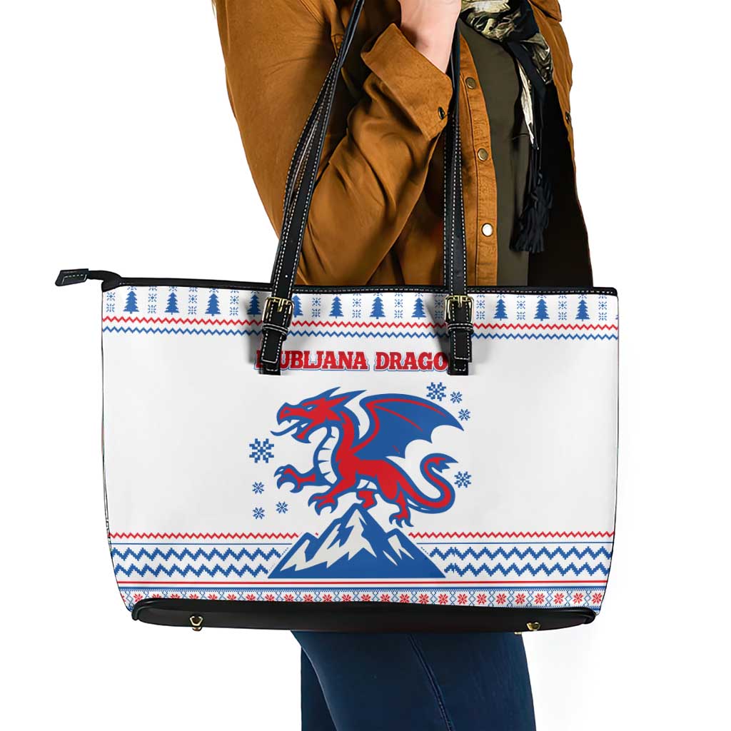 Slovenian Winter Leather Tote Bag Ljubljana Dragon with Nordic Snowflakes and Alpine Vibes