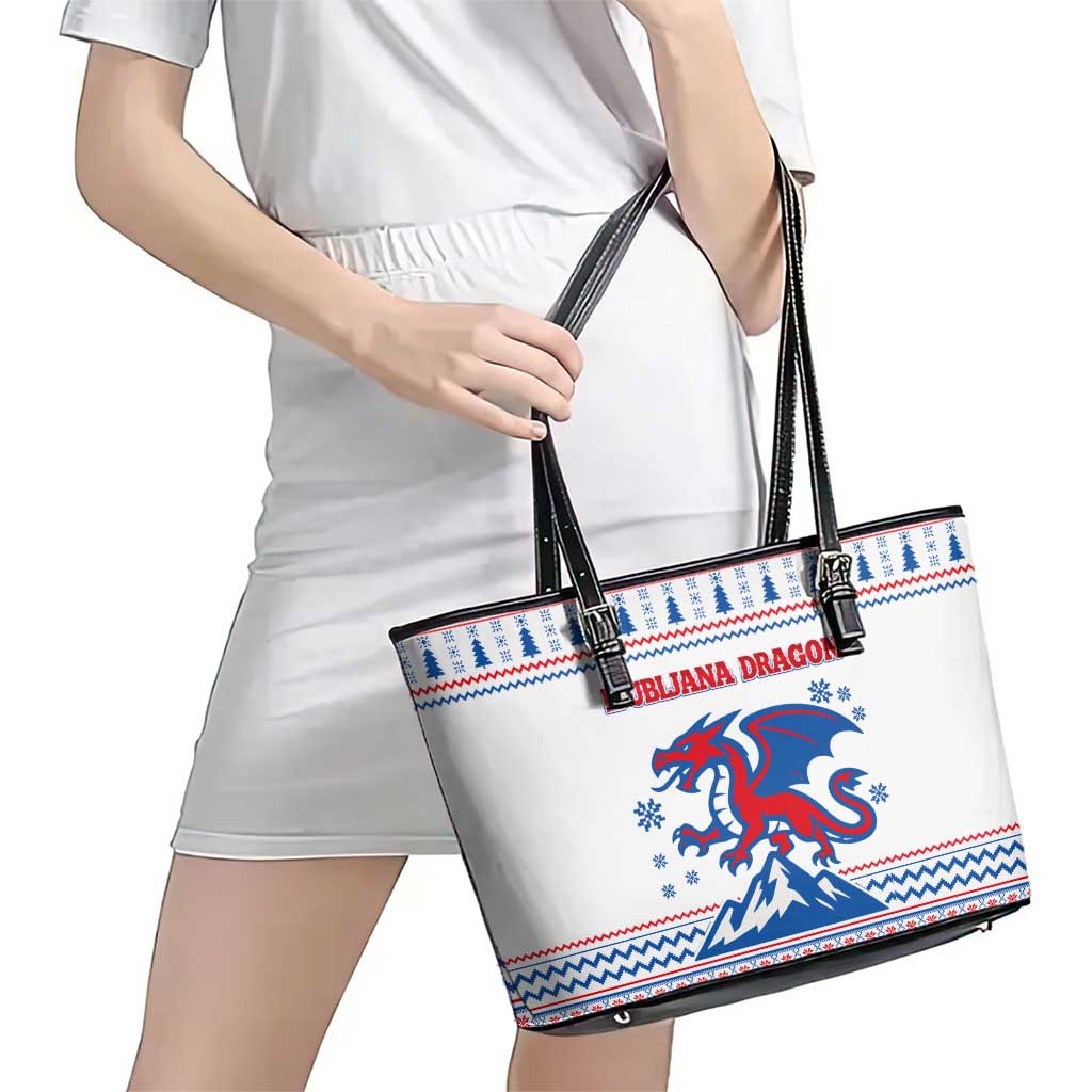 Slovenian Winter Leather Tote Bag Ljubljana Dragon with Nordic Snowflakes and Alpine Vibes