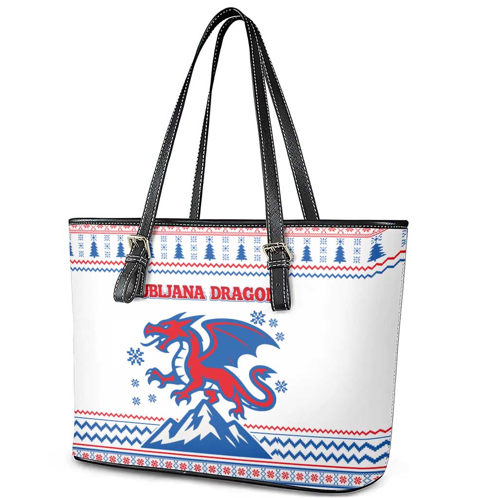 Slovenian Winter Leather Tote Bag Ljubljana Dragon with Nordic Snowflakes and Alpine Vibes
