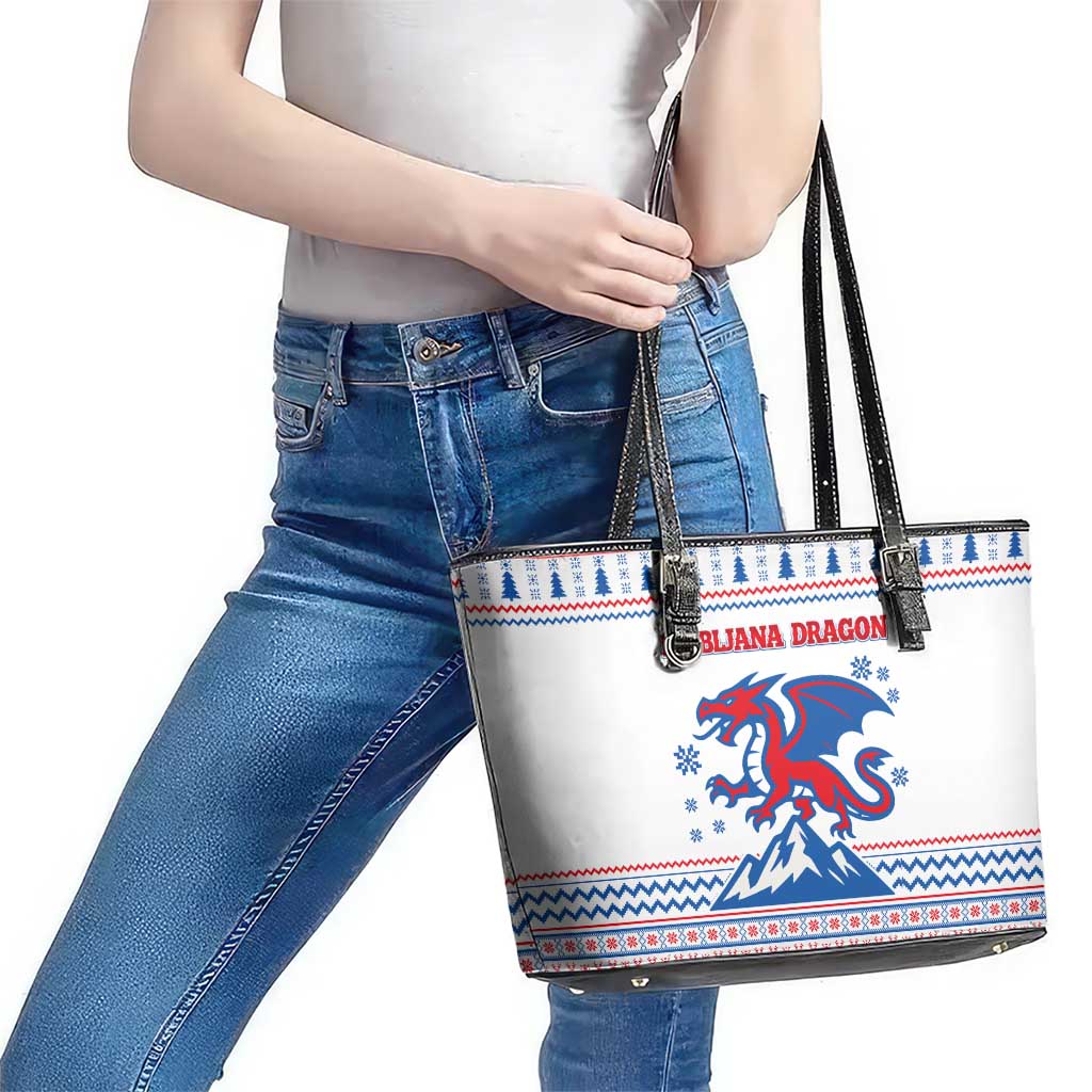 Slovenian Winter Leather Tote Bag Ljubljana Dragon with Nordic Snowflakes and Alpine Vibes