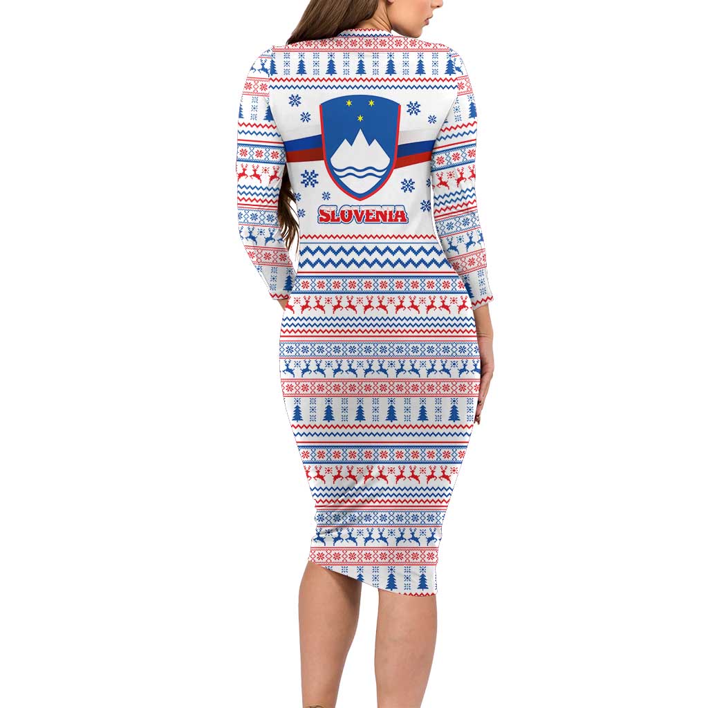 Slovenian Winter Long Sleeve Bodycon Dress Ljubljana Dragon with Nordic Snowflakes and Alpine Vibes