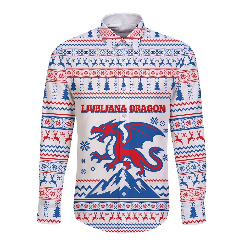 Slovenian Winter Long Sleeve Button Shirt Ljubljana Dragon with Nordic Snowflakes and Alpine Vibes