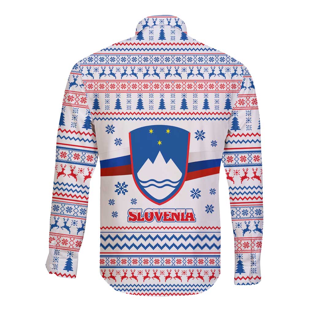 Slovenian Winter Long Sleeve Button Shirt Ljubljana Dragon with Nordic Snowflakes and Alpine Vibes