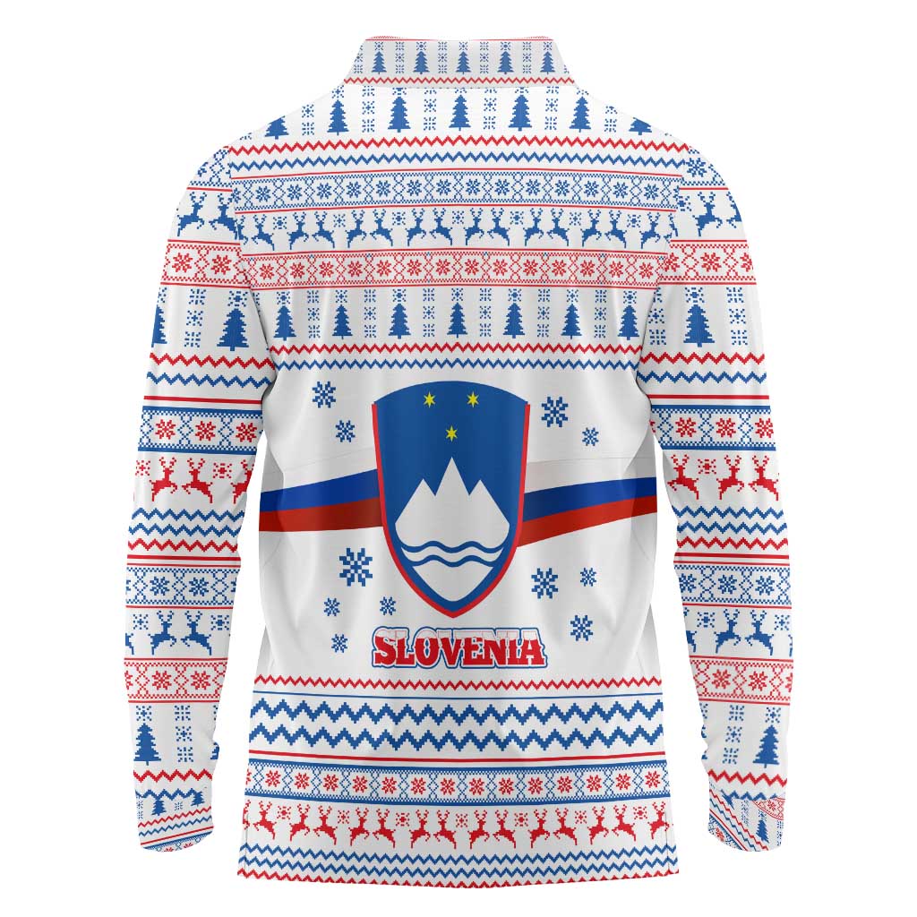Slovenian Winter Long Sleeve Polo Shirt Ljubljana Dragon with Nordic Snowflakes and Alpine Vibes