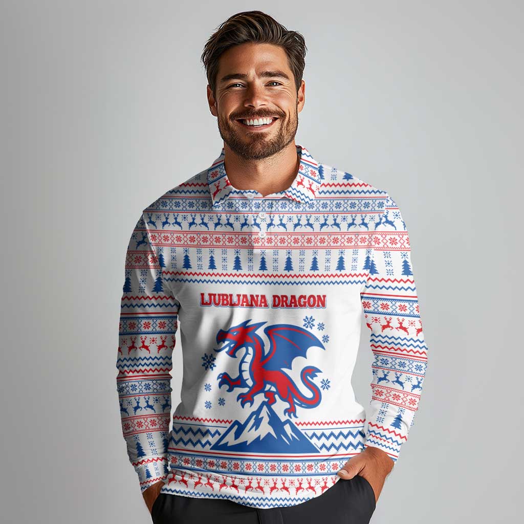 Slovenian Winter Long Sleeve Polo Shirt Ljubljana Dragon with Nordic Snowflakes and Alpine Vibes