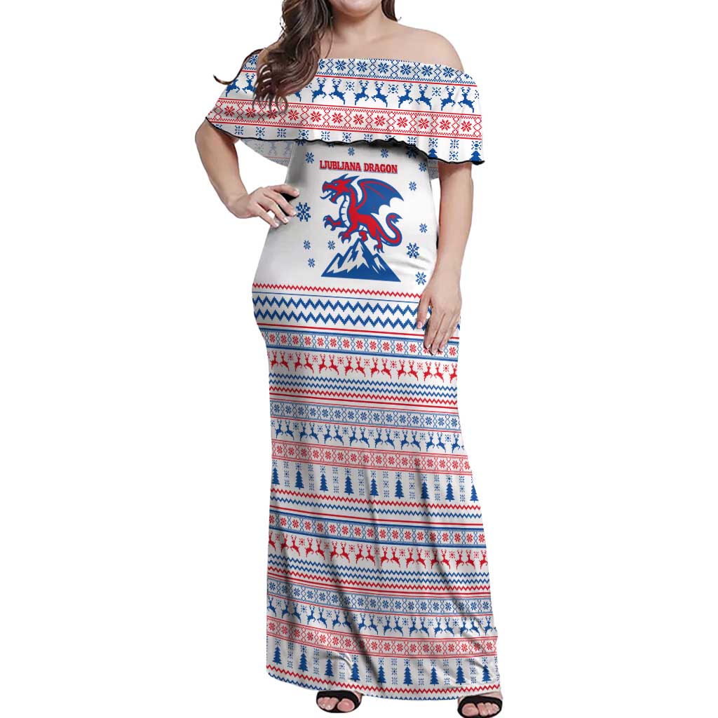 Slovenian Winter Off Shoulder Maxi Dress Ljubljana Dragon with Nordic Snowflakes and Alpine Vibes