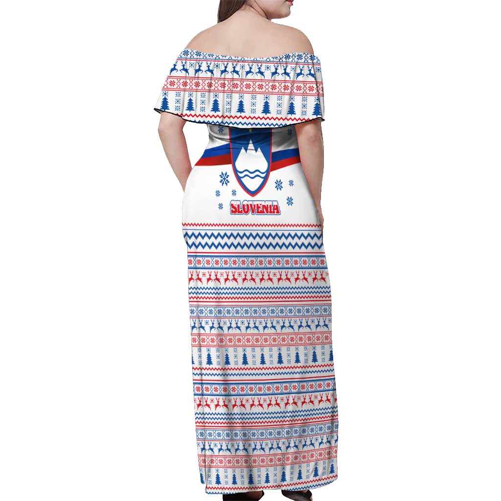 Slovenian Winter Off Shoulder Maxi Dress Ljubljana Dragon with Nordic Snowflakes and Alpine Vibes