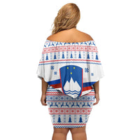 Slovenian Winter Off Shoulder Short Dress Ljubljana Dragon with Nordic Snowflakes and Alpine Vibes