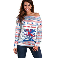 Slovenian Winter Off Shoulder Sweater Ljubljana Dragon with Nordic Snowflakes and Alpine Vibes