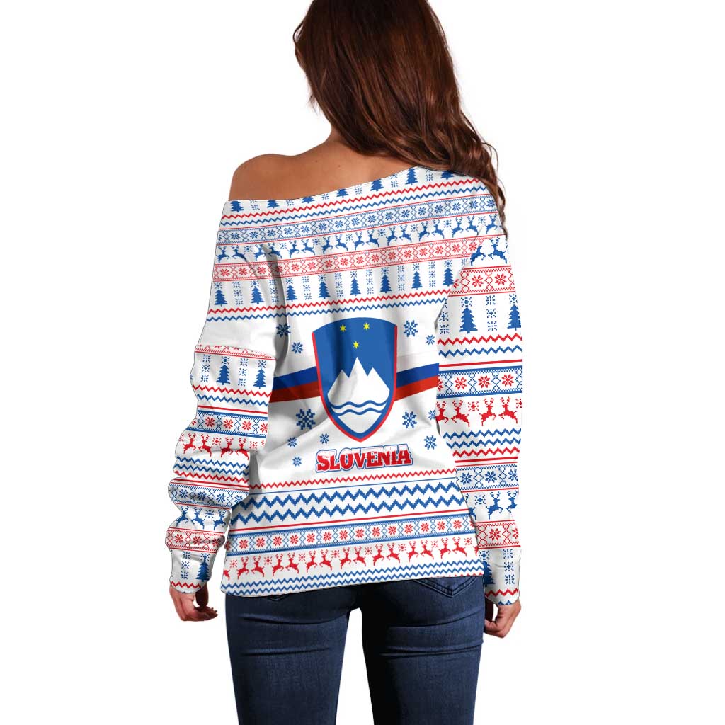 Slovenian Winter Off Shoulder Sweater Ljubljana Dragon with Nordic Snowflakes and Alpine Vibes