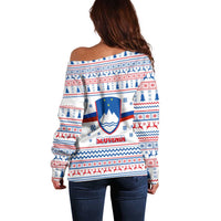 Slovenian Winter Off Shoulder Sweater Ljubljana Dragon with Nordic Snowflakes and Alpine Vibes