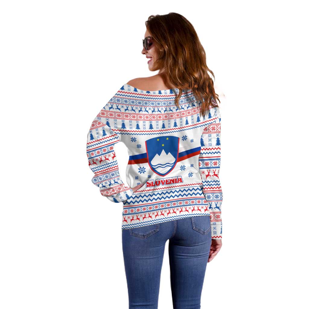Slovenian Winter Off Shoulder Sweater Ljubljana Dragon with Nordic Snowflakes and Alpine Vibes