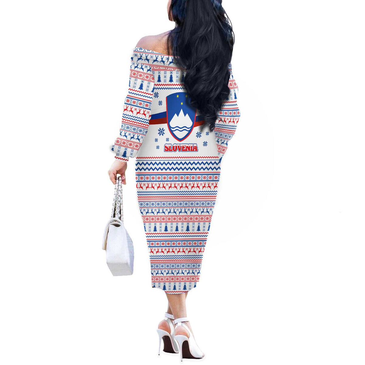 Slovenian Winter Off The Shoulder Long Sleeve Dress Ljubljana Dragon with Nordic Snowflakes and Alpine Vibes