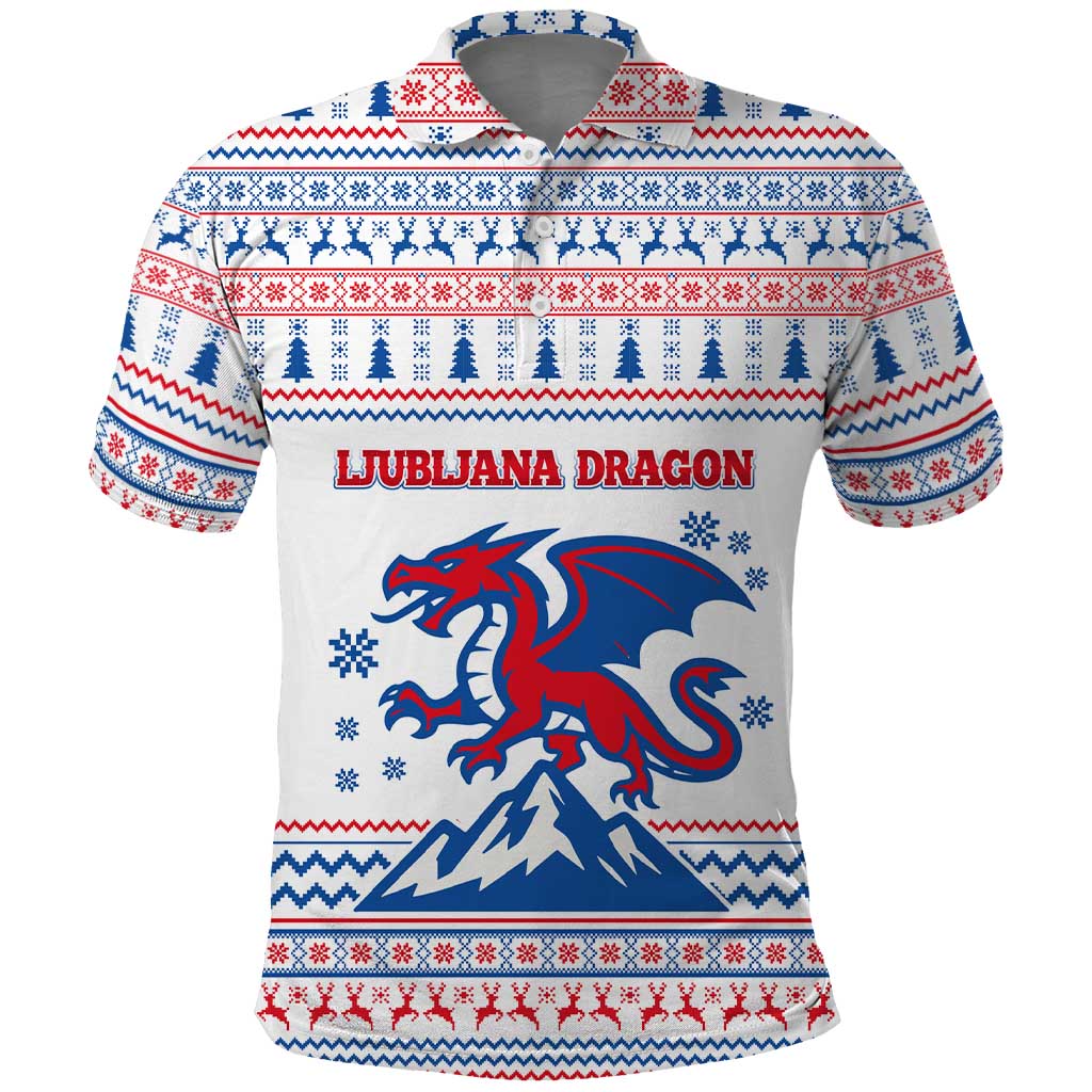 Slovenian Winter Polo Shirt Ljubljana Dragon with Nordic Snowflakes and Alpine Vibes