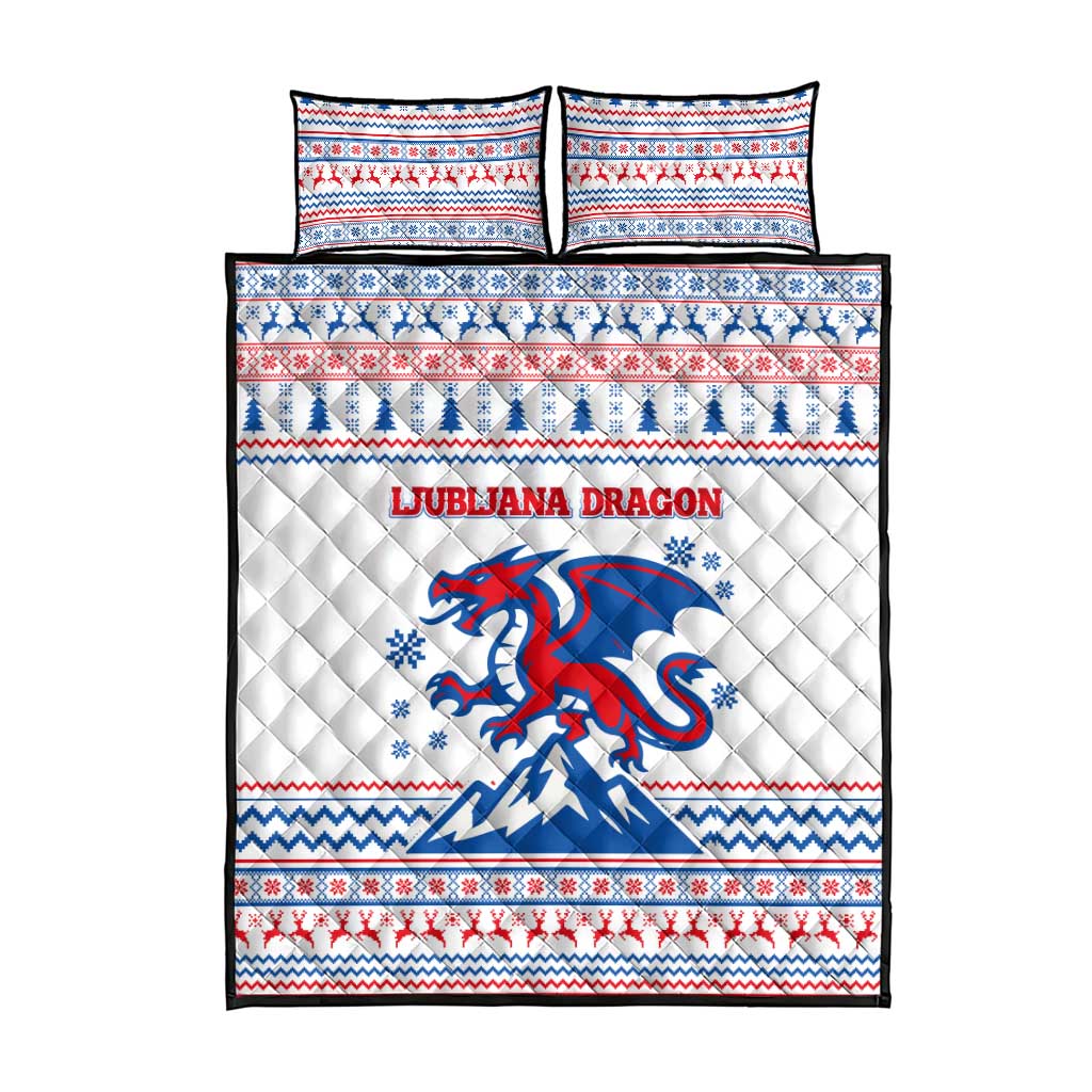 Slovenian Winter Quilt Bed Set Ljubljana Dragon with Nordic Snowflakes and Alpine Vibes