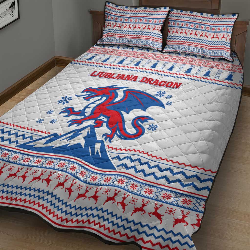 Slovenian Winter Quilt Bed Set Ljubljana Dragon with Nordic Snowflakes and Alpine Vibes