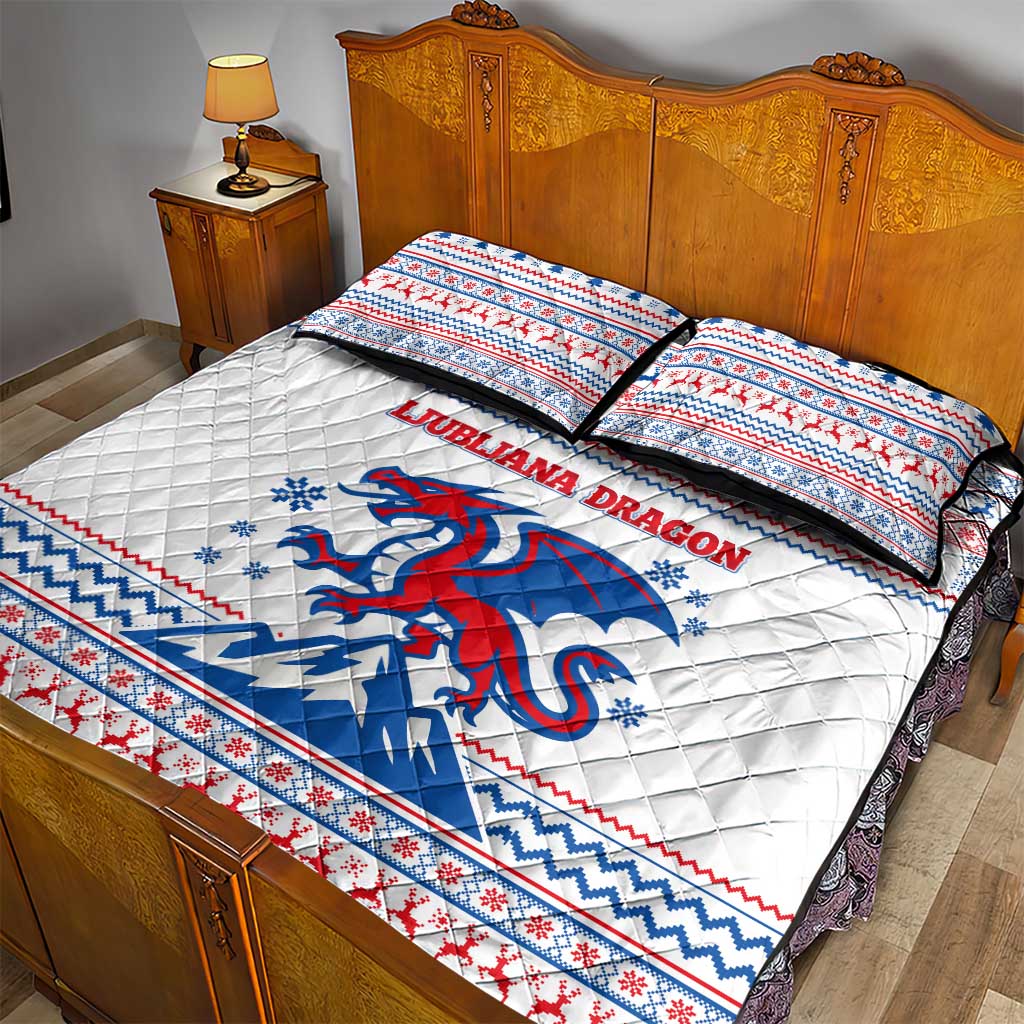 Slovenian Winter Quilt Bed Set Ljubljana Dragon with Nordic Snowflakes and Alpine Vibes