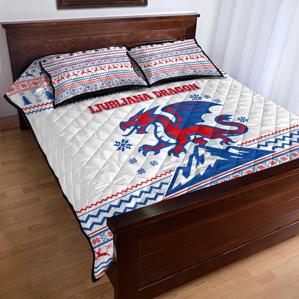 Slovenian Winter Quilt Bed Set Ljubljana Dragon with Nordic Snowflakes and Alpine Vibes