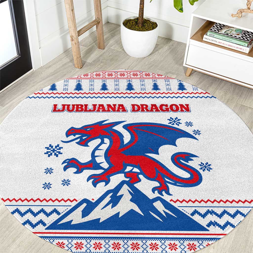 Slovenian Winter Round Carpet Ljubljana Dragon with Nordic Snowflakes and Alpine Vibes
