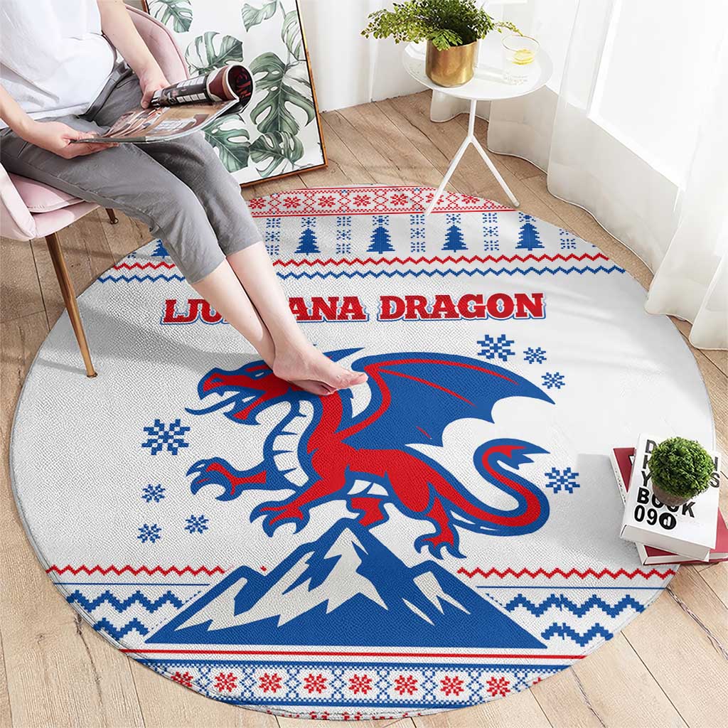 Slovenian Winter Round Carpet Ljubljana Dragon with Nordic Snowflakes and Alpine Vibes
