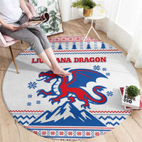 Slovenian Winter Round Carpet Ljubljana Dragon with Nordic Snowflakes and Alpine Vibes