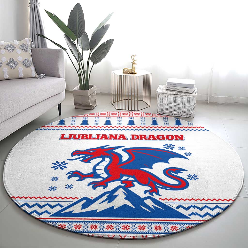 Slovenian Winter Round Carpet Ljubljana Dragon with Nordic Snowflakes and Alpine Vibes