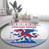 Slovenian Winter Round Carpet Ljubljana Dragon with Nordic Snowflakes and Alpine Vibes