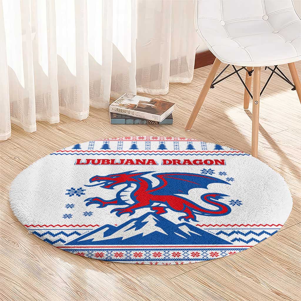 Slovenian Winter Round Carpet Ljubljana Dragon with Nordic Snowflakes and Alpine Vibes