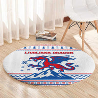 Slovenian Winter Round Carpet Ljubljana Dragon with Nordic Snowflakes and Alpine Vibes