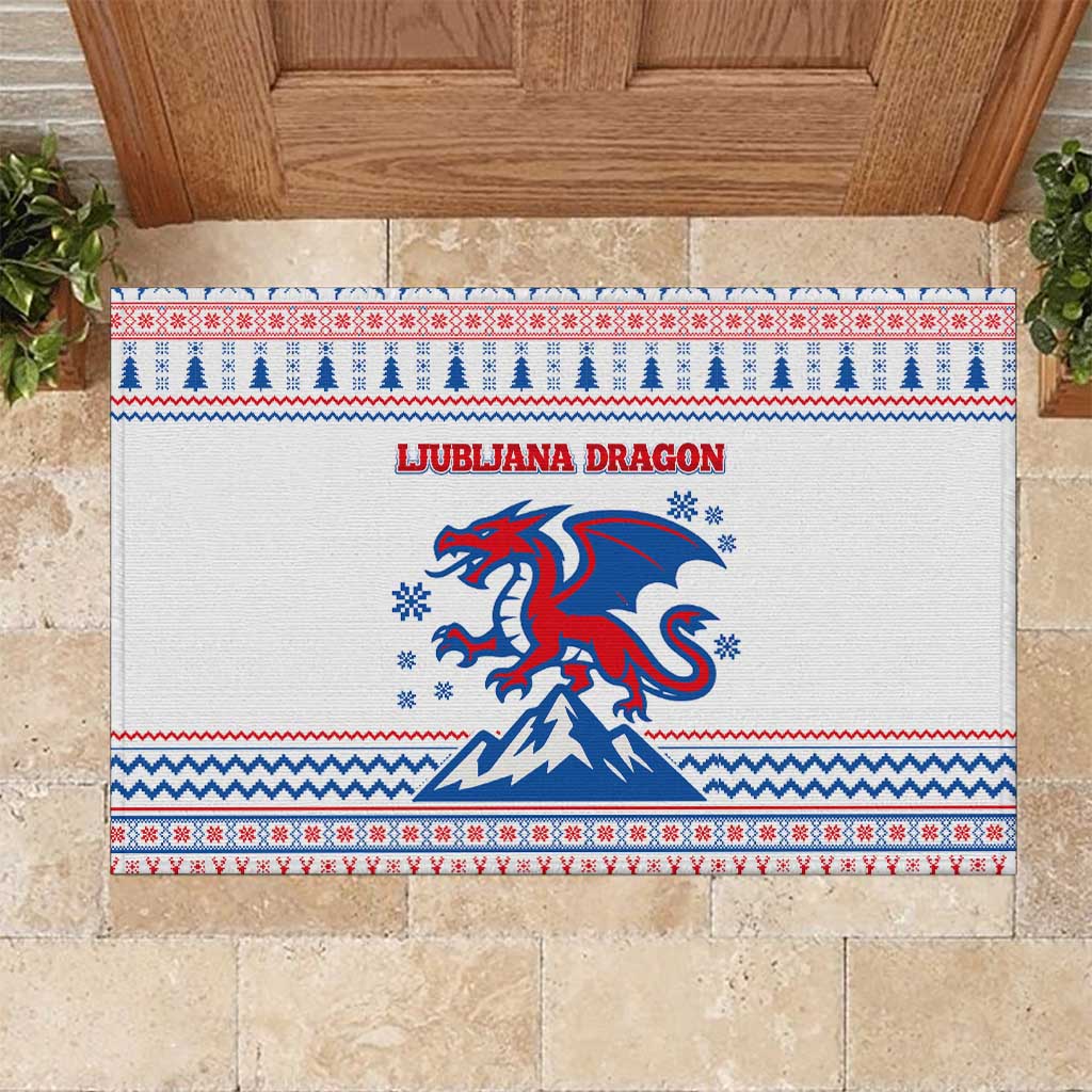 Slovenian Winter Rubber Doormat Ljubljana Dragon with Nordic Snowflakes and Alpine Vibes