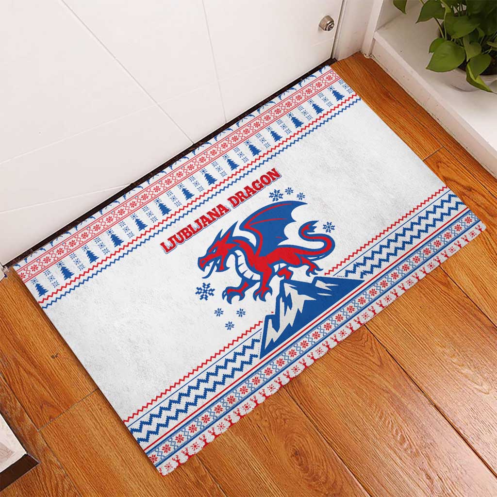 Slovenian Winter Rubber Doormat Ljubljana Dragon with Nordic Snowflakes and Alpine Vibes
