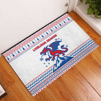 Slovenian Winter Rubber Doormat Ljubljana Dragon with Nordic Snowflakes and Alpine Vibes