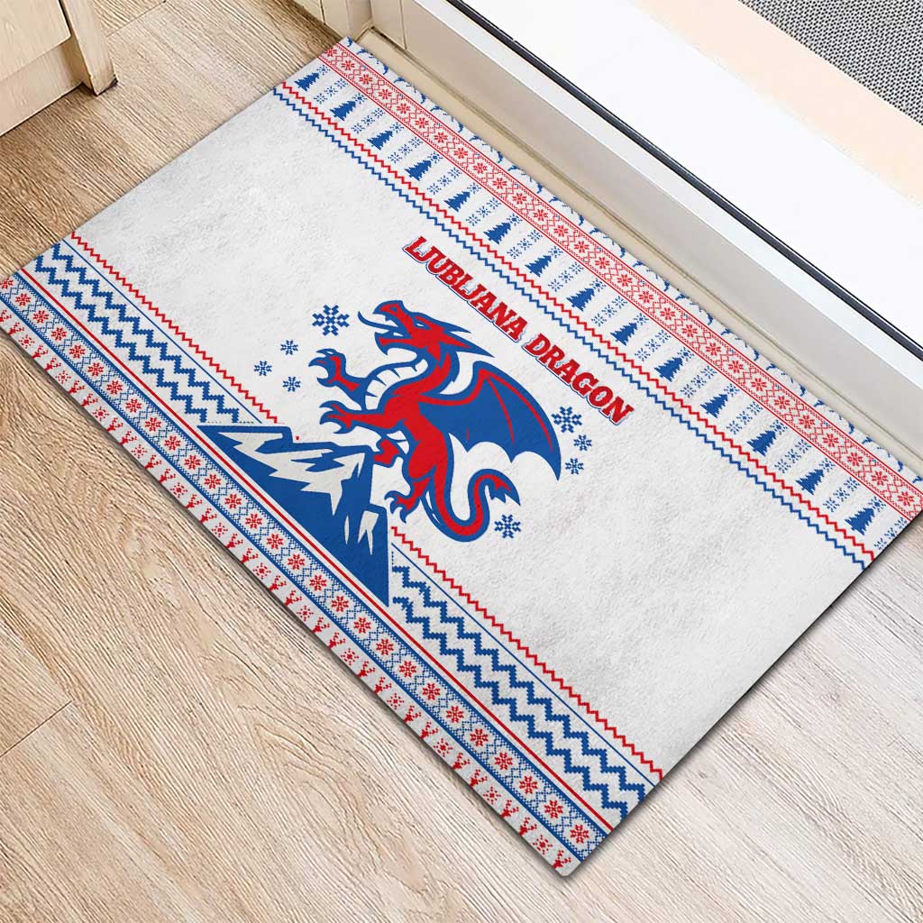 Slovenian Winter Rubber Doormat Ljubljana Dragon with Nordic Snowflakes and Alpine Vibes
