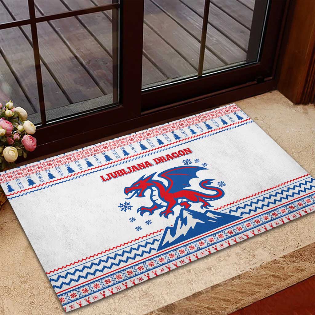 Slovenian Winter Rubber Doormat Ljubljana Dragon with Nordic Snowflakes and Alpine Vibes