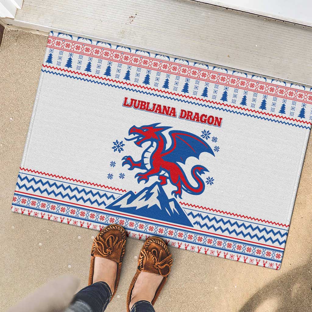 Slovenian Winter Rubber Doormat Ljubljana Dragon with Nordic Snowflakes and Alpine Vibes