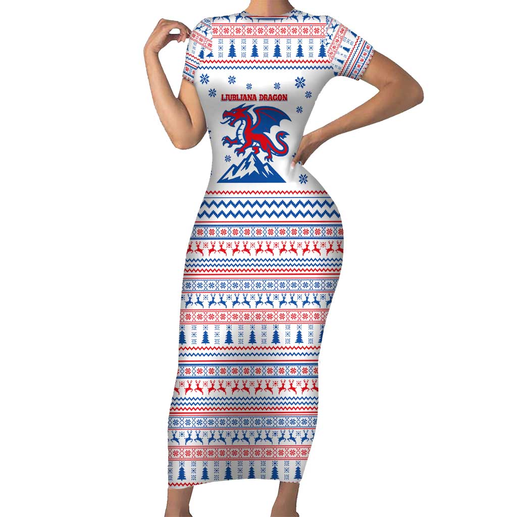 Slovenian Winter Short Sleeve Bodycon Dress Ljubljana Dragon with Nordic Snowflakes and Alpine Vibes