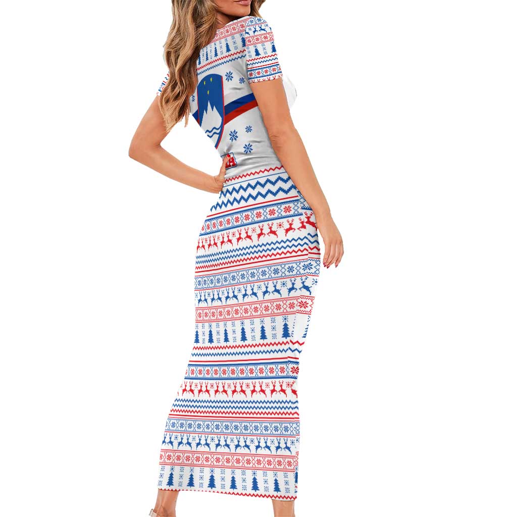 Slovenian Winter Short Sleeve Bodycon Dress Ljubljana Dragon with Nordic Snowflakes and Alpine Vibes