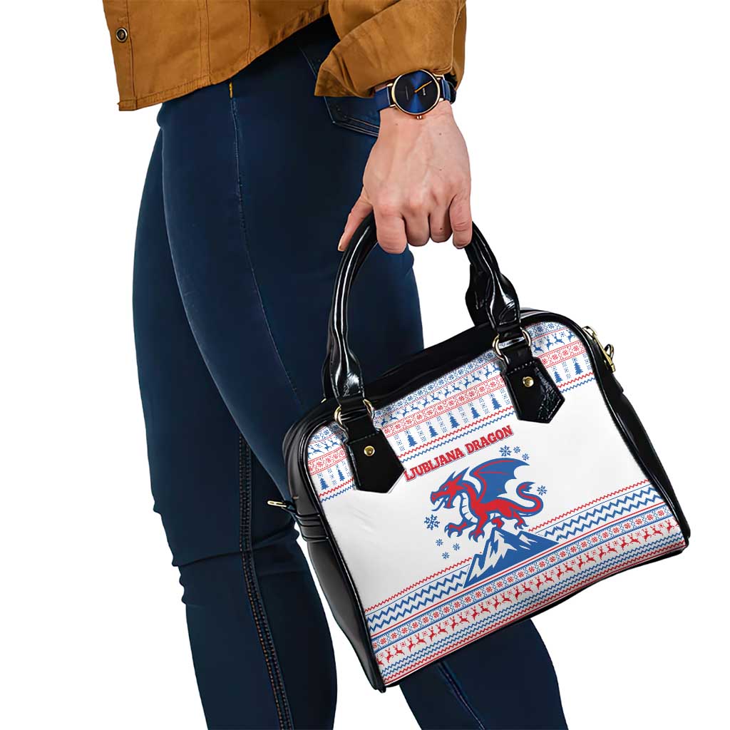 Slovenian Winter Shoulder Handbag Ljubljana Dragon with Nordic Snowflakes and Alpine Vibes