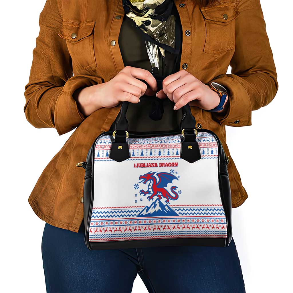 Slovenian Winter Shoulder Handbag Ljubljana Dragon with Nordic Snowflakes and Alpine Vibes