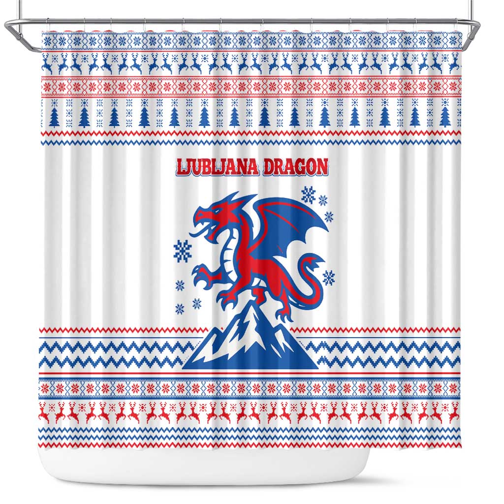 Slovenian Winter Shower Curtain Ljubljana Dragon with Nordic Snowflakes and Alpine Vibes