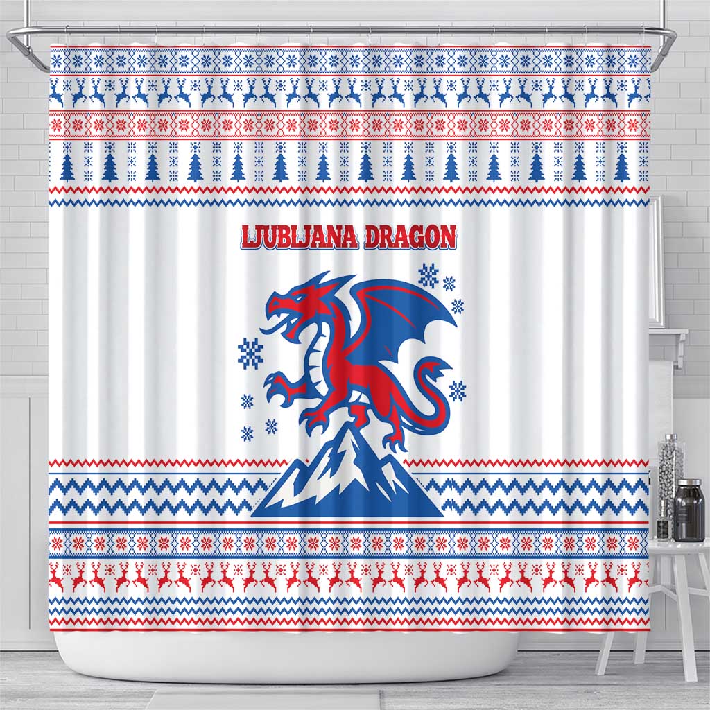 Slovenian Winter Shower Curtain Ljubljana Dragon with Nordic Snowflakes and Alpine Vibes