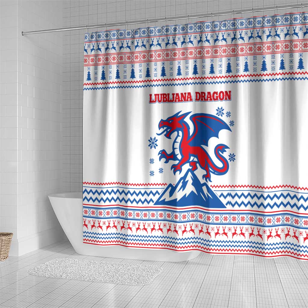 Slovenian Winter Shower Curtain Ljubljana Dragon with Nordic Snowflakes and Alpine Vibes