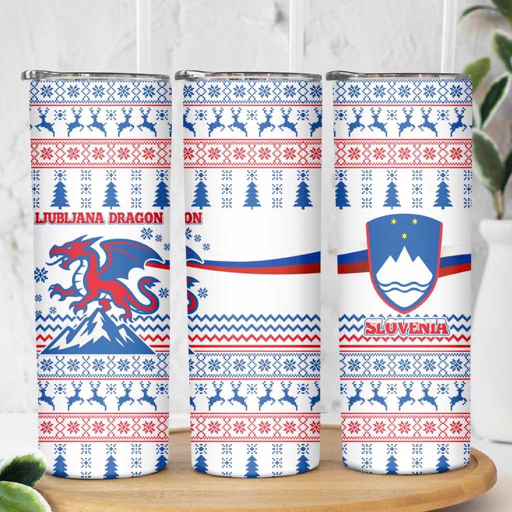Slovenian Winter Skinny Tumbler Ljubljana Dragon with Nordic Snowflakes and Alpine Vibes