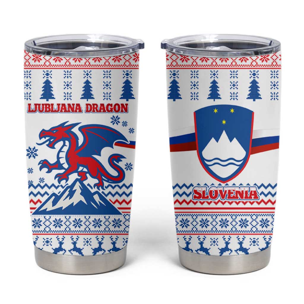 Slovenian Winter Tumbler Cup Ljubljana Dragon with Nordic Snowflakes and Alpine Vibes